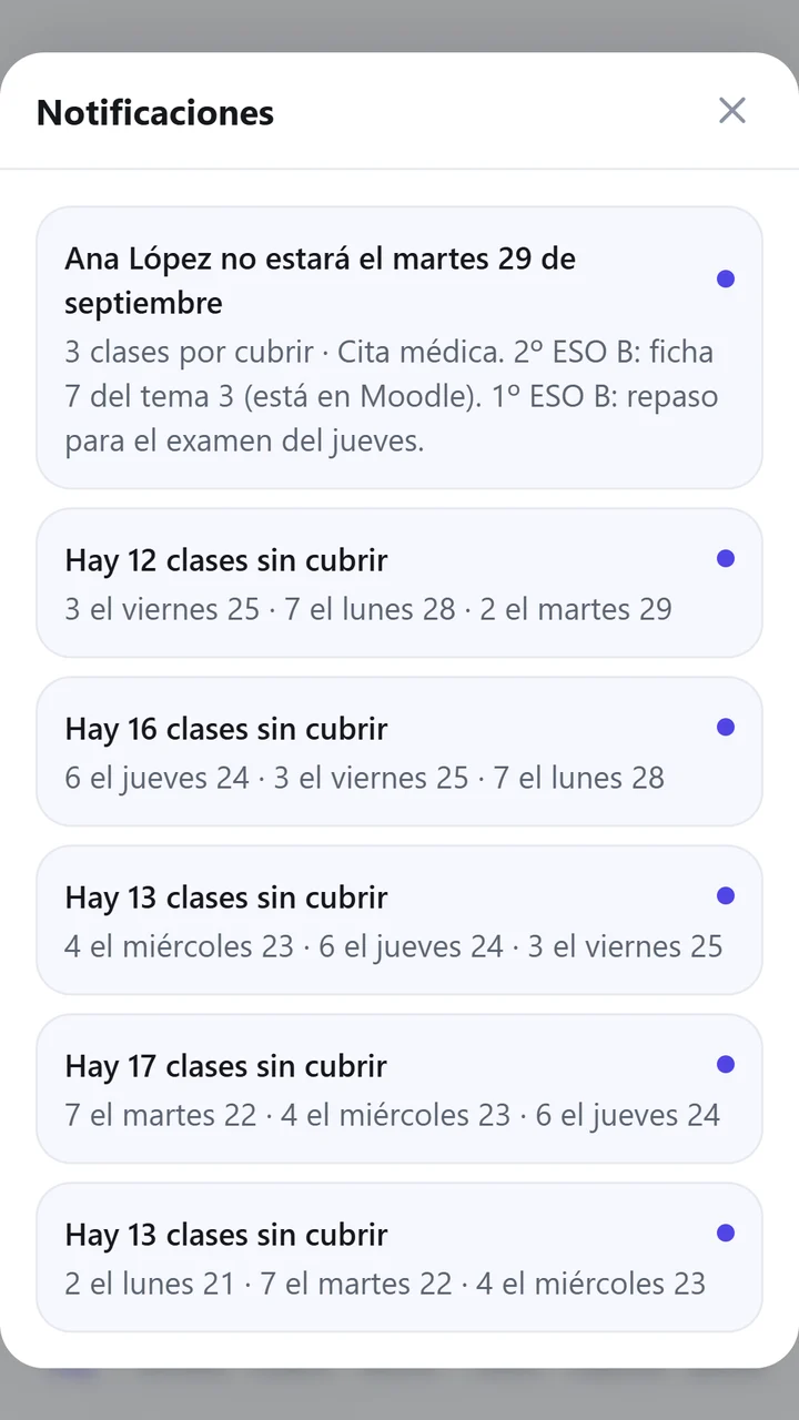 Notificaciones de jefatura en el móvil: una profesora no estará el martes 29, con las clases por cubrir y sus indicaciones.