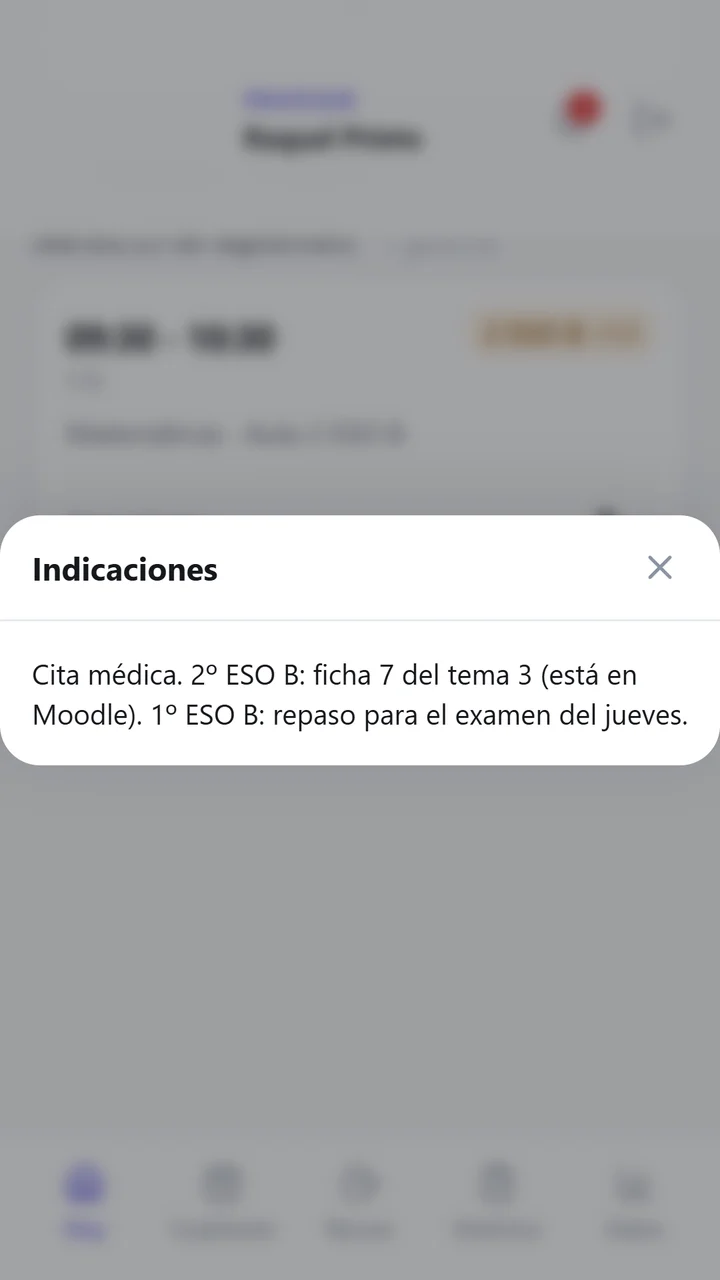 Ventana «Indicaciones» con la tarea que dejó la profesora ausente para cada grupo.