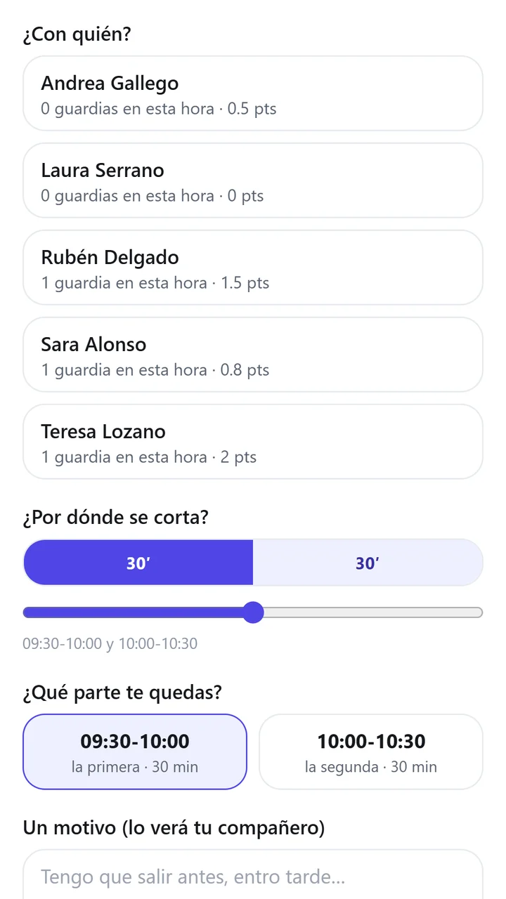 Repartir una hora entre dos: se elige al compañero, por dónde se corta la hora y qué parte te quedas.