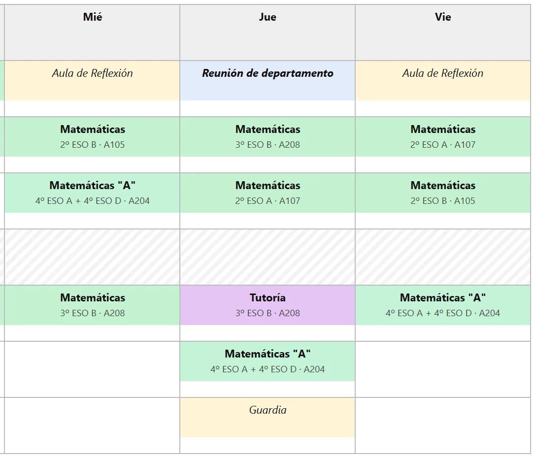PDF del horario del profesor, en claro para imprimir: Matemáticas por grupo y aula, tutoría, aula de reflexión, guardia y la reunión de departamento del jueves. Nombres ficticios.