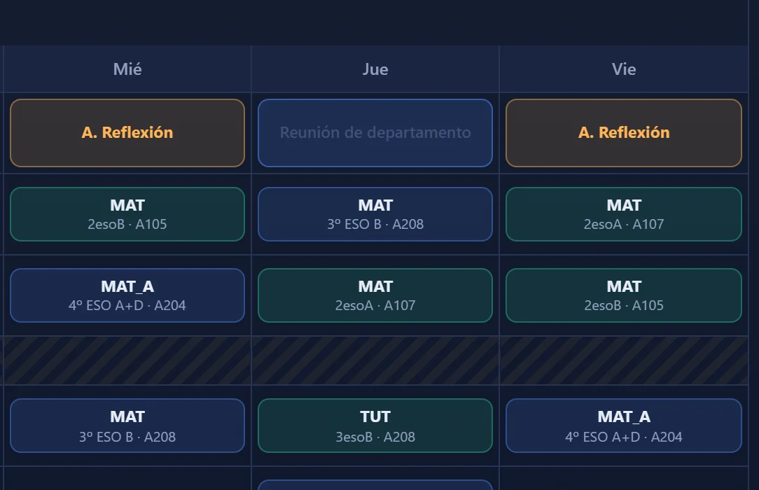 Horario del mismo profesor con la reunión de departamento ya colocada el jueves a primera hora, junto a sus clases y el aula de reflexión. Nombres ficticios.